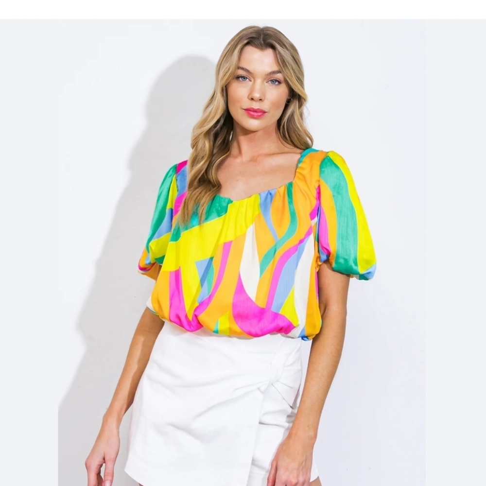 FLYING TOMATO Retro 70s Swirl Puff Sleeve Crop Top Multi-Color Pastel M
